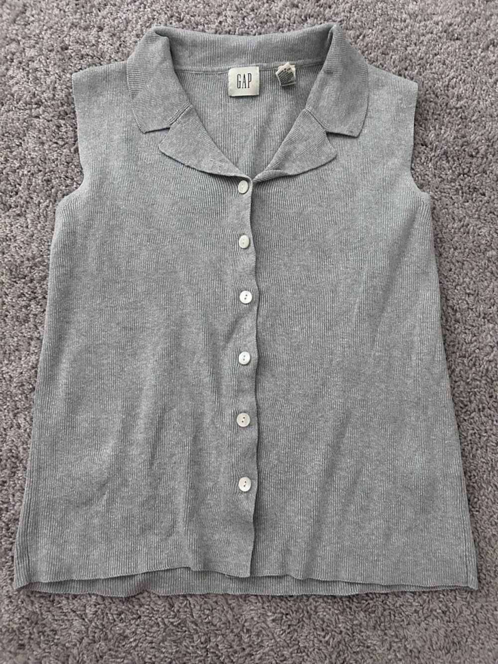 Vintage Gap Grey Cotton Ribbed Knit Small Collared Tank Top Button Front
